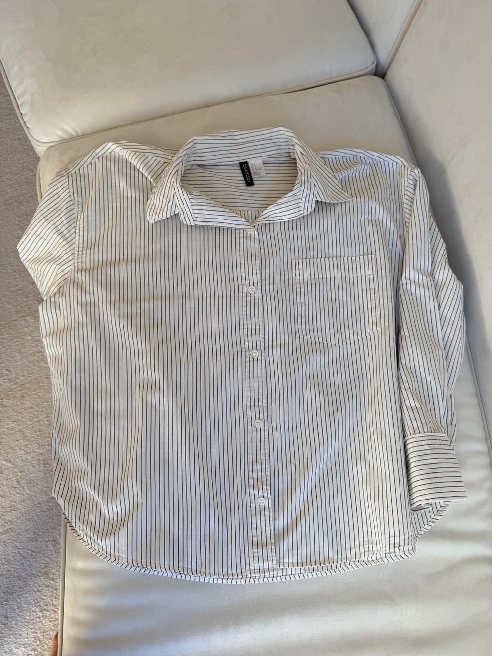 Women’s White Button-Up Shirt with Thin Black Stripes